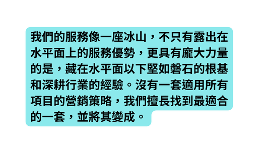 我們的服務像一座冰山 不只有露出在水平面上的服務優勢 更具有龐大力量的是 藏在水平面以下堅如磐石的根基和深耕行業的經驗 沒有一套適用所有項目的營銷策略 我們擅長找到最適合的一套 並將其變成